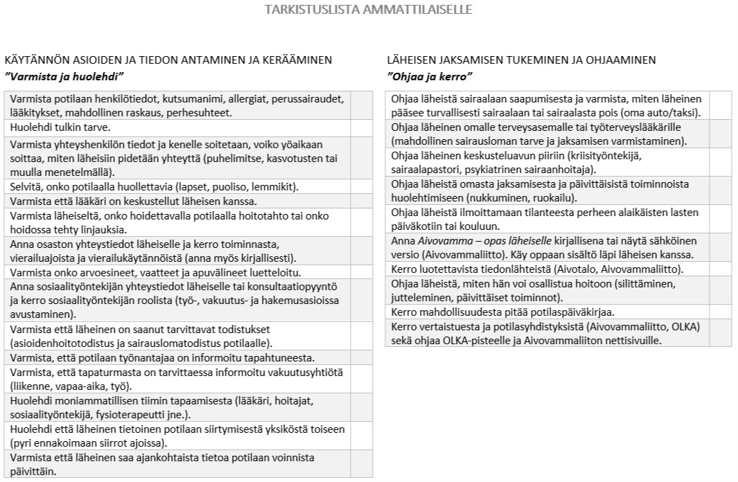 Tarkistuslista ammattilaisille