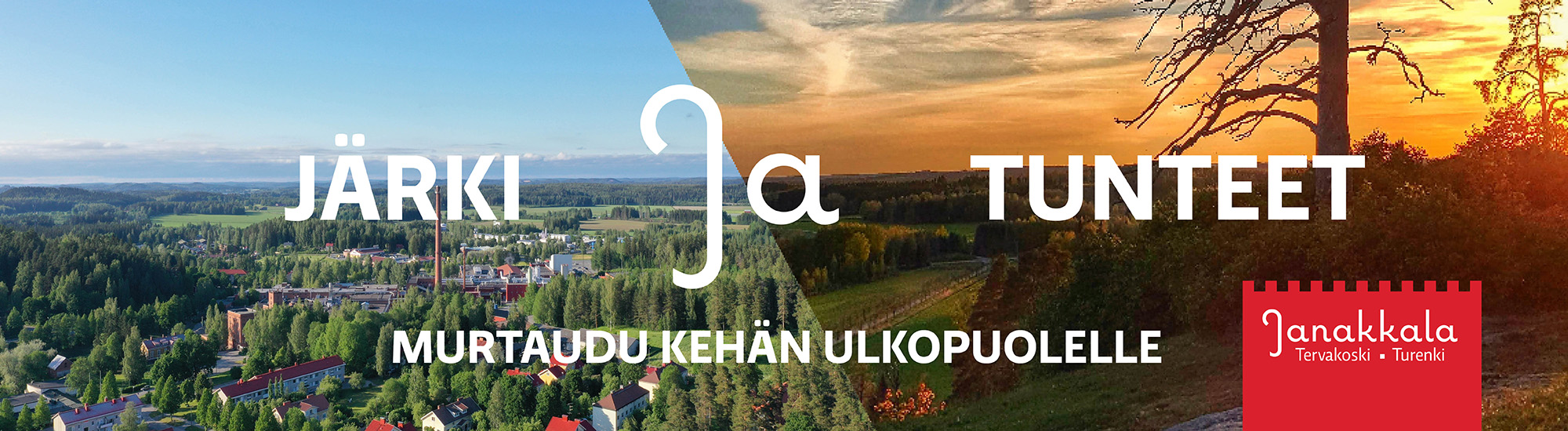 Järki ja tunteet -teksti maiseman päällä.