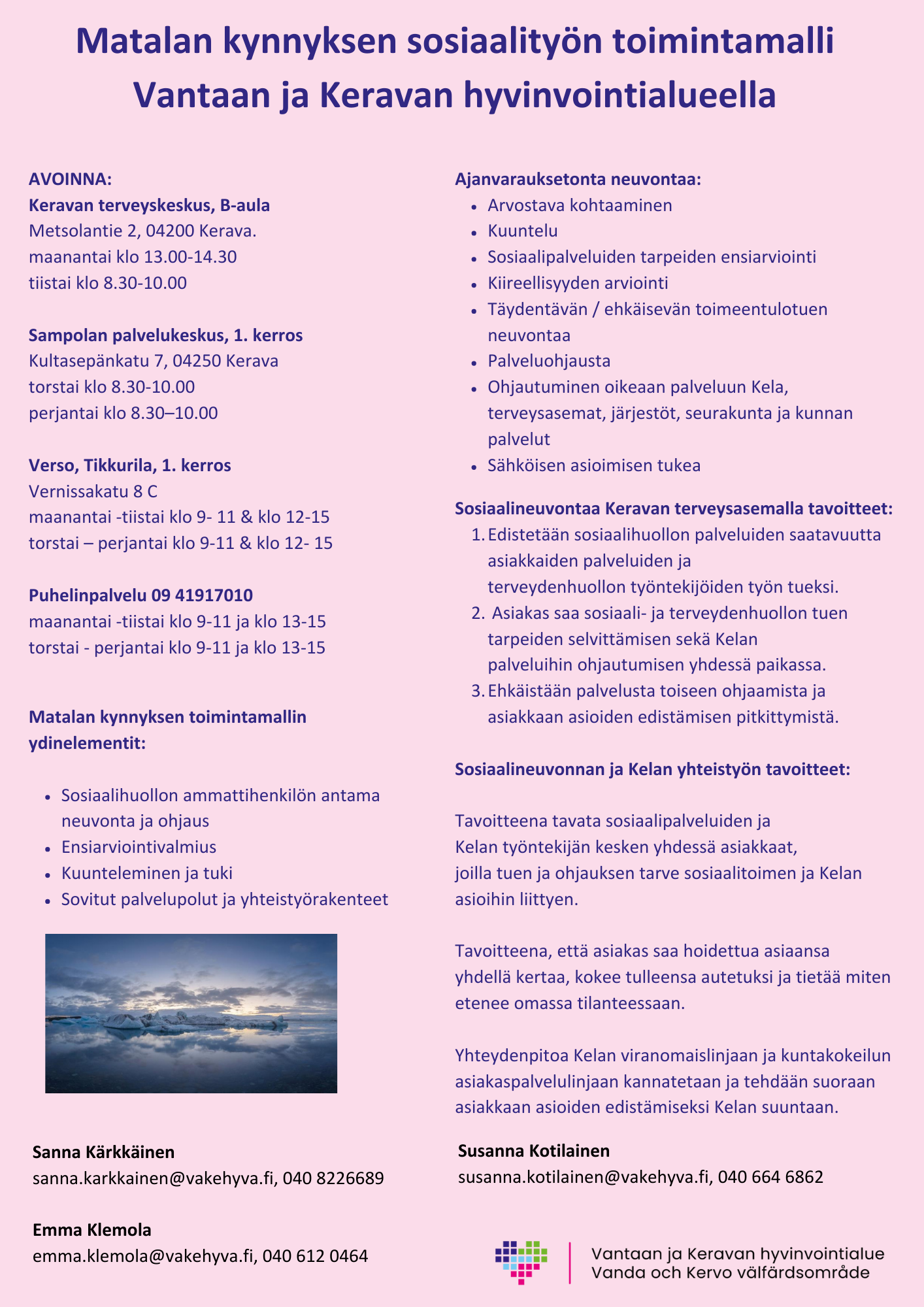 Kuvassa matalan kynnyksen sosiaalineuvonnan aukioloajat ja kuvausta palvelun toiminnasta 
