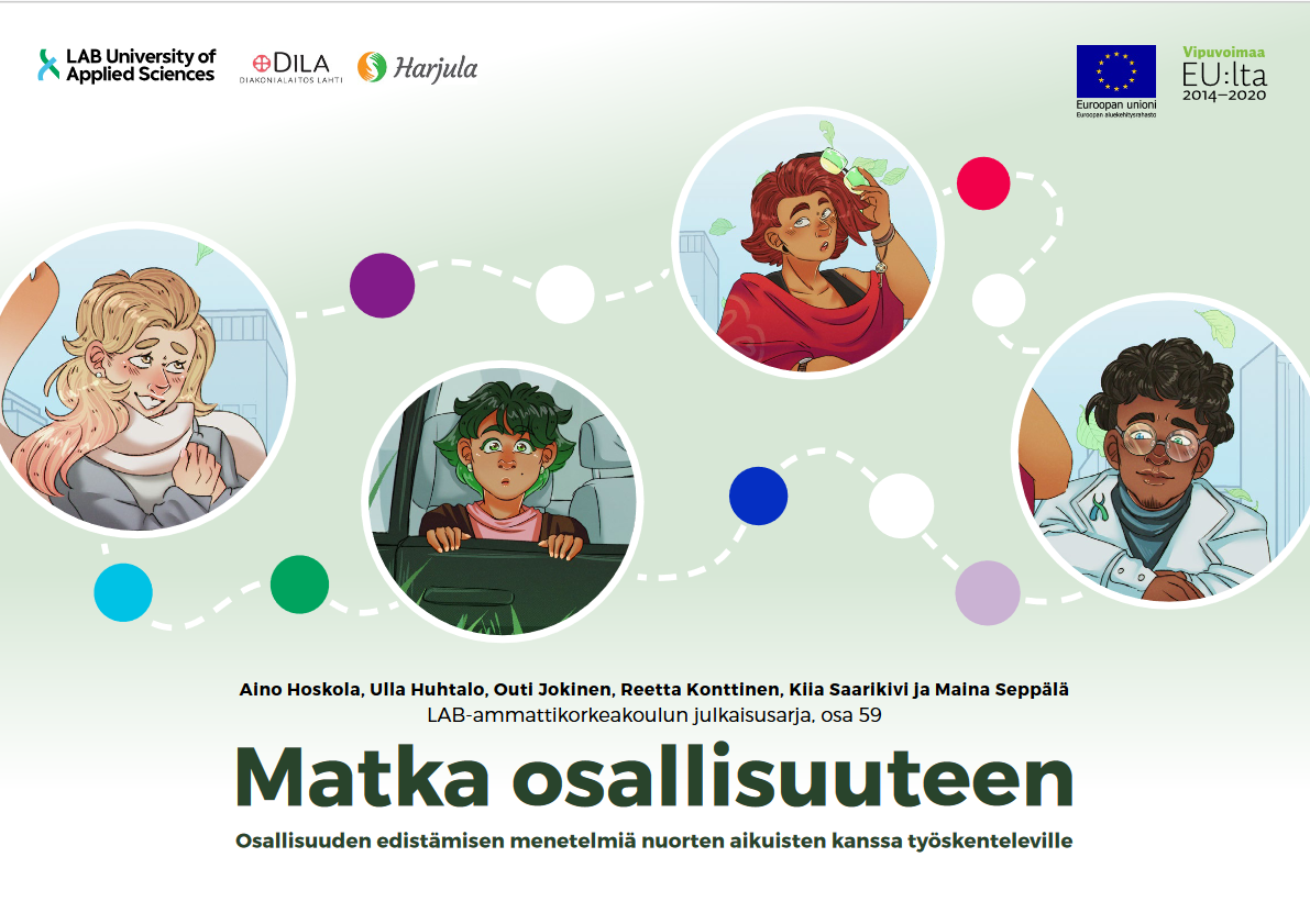 Matka osallisuuteen työkirjan kansikuva, piirrettyjä hahmoja