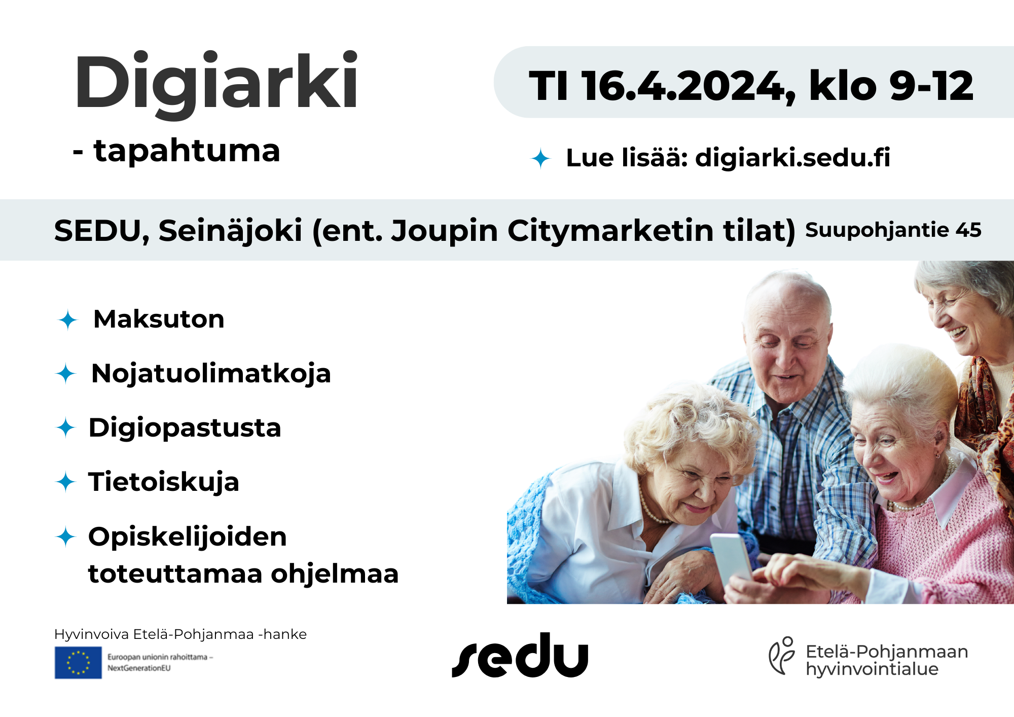 Kuvassa yksi seniori-ikäinen osoittaa sormella kolmelle muulle saman ikäiselle henkilölle älylaitteessaan olevaan asiaa. Kuvan henkilöt ovat ilahtuneita.