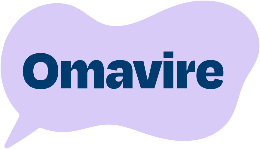 Omavire-logo. Violetti puhekupla, jossa lukee keskellä Omavire sinisellä. 