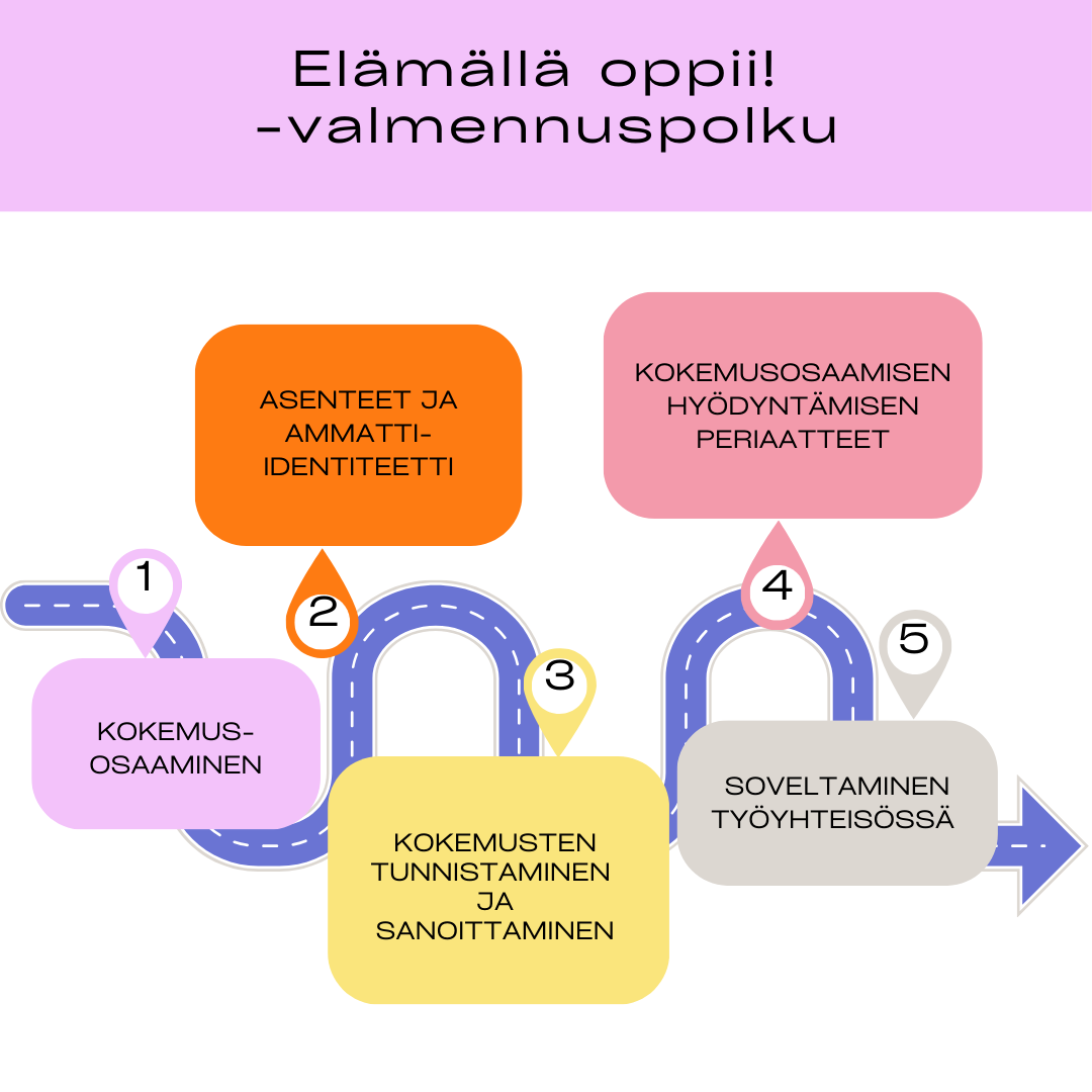 Elämällä oppii! -valmennuksen valmennuspolku kuvattuna. Taustalla mutkitteleva tie jonka varrella on valmennusosuudet teemakohtaisesti erivärisissä lokeroissa. Valmennusteemat: Kokemusosaaminen, asenteet ja ammatti-identiteetti, kokemusten sanoittaminen ja -tunnistaminen, kokemusosaamisen hyödyntämisen periaatteet, soveltaminen työyhteisössä.