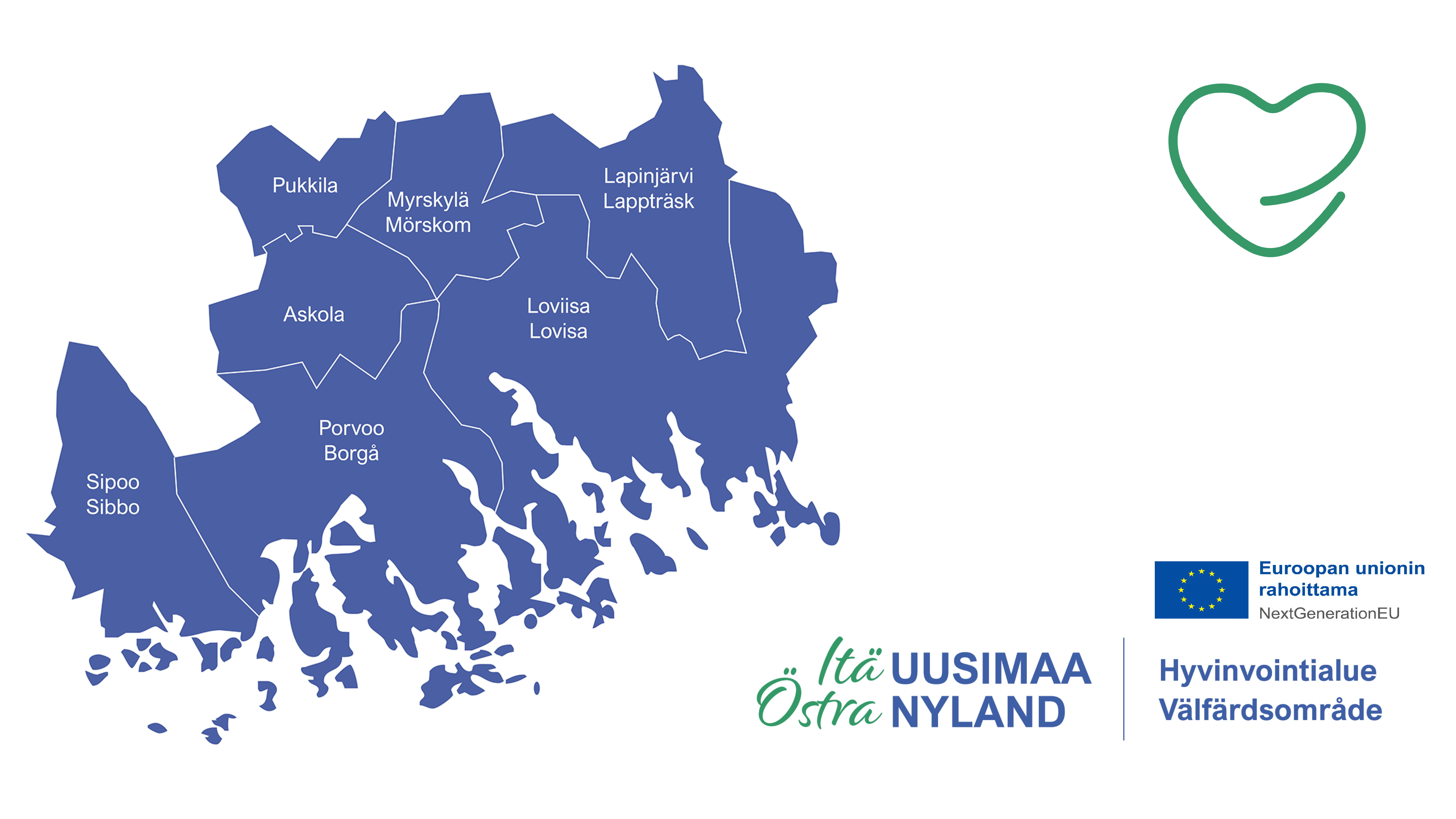 Itä-Uudenmaan hyvinvointialueen karttakuva, johon on kirjoitettu kaikkien kuntien nimet. Sinivalkoinen, jossa hyvinvointialueen ja EU-rahoituksen logot.
