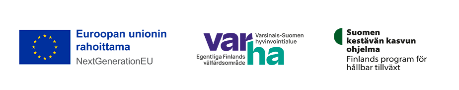 Logo: Varsinais-Suomen hyvinvointialue, Euroopan unionin rahoittama - Next Generation EU ja Suomen kestävän kasvun hanke