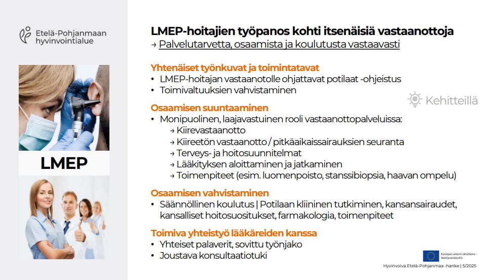 Pari kuvaa sote-ammattilaisista ja tekstiä LMEP-hoitajien tehtävänkuvan kehittämisestä