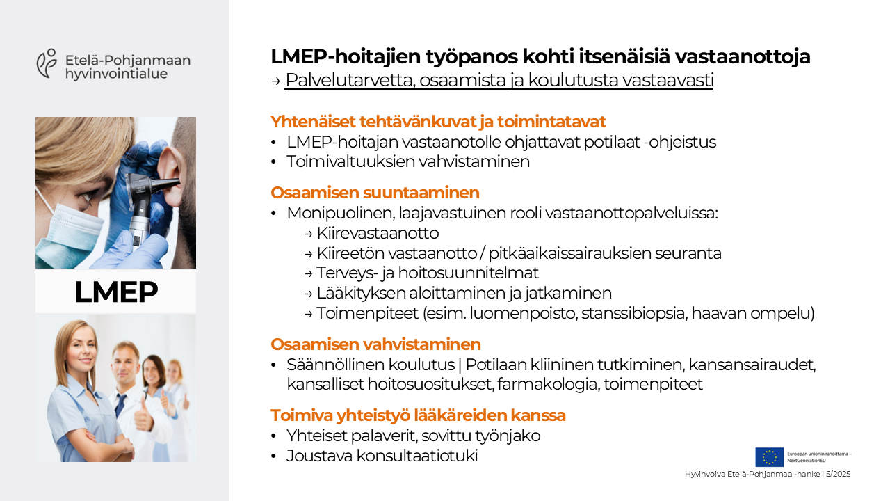 Pari kuvaa sote-ammattilaisista ja tekstiä LMEP-hoitajien tehtävänkuvan kehittämisestä