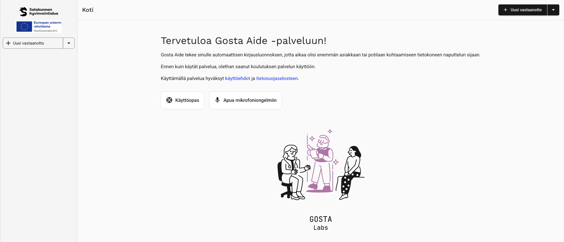 Kuvassa näkyy Satakunnan hyvinvointialueen ja EU-Euroopan rahoittama-logot. Aloitusnäytössä lukee Tervetuloa Gosta Aide-palveluun.  Kuva on havainnekuva, miltä assarin aloitusnäyttö näyttää.
