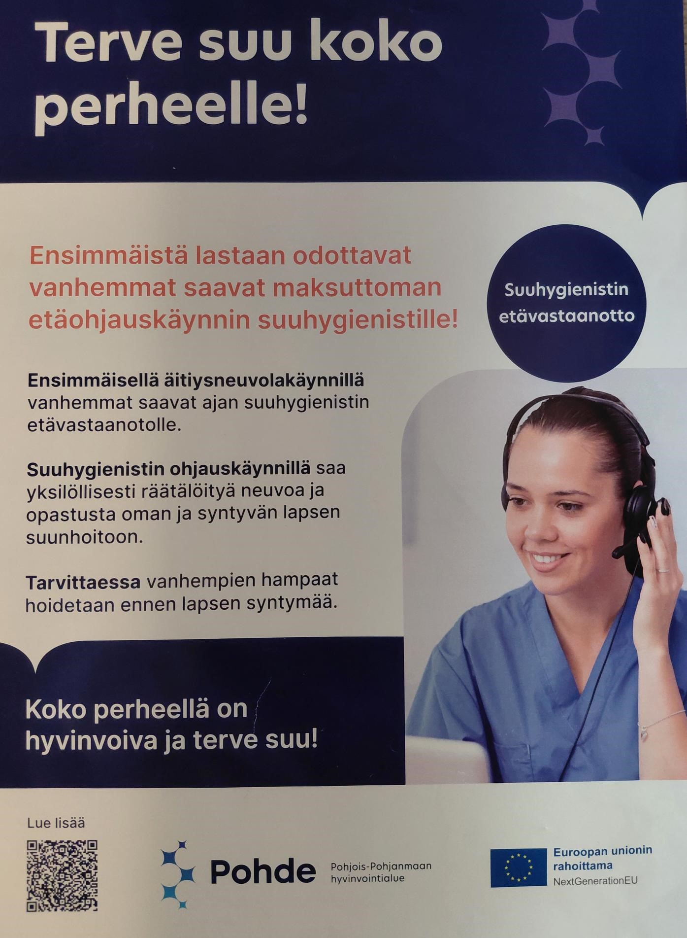 Asiakkaalle suunnattu info-juliste, jossa tiiviestetysti tieto uudesta palvelukanavasta ja QR-koodi Pohteen sivuille. 