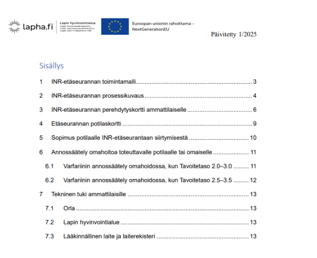 INR-etäseurannan toimintamallin kuvauksen sisällysluettelo