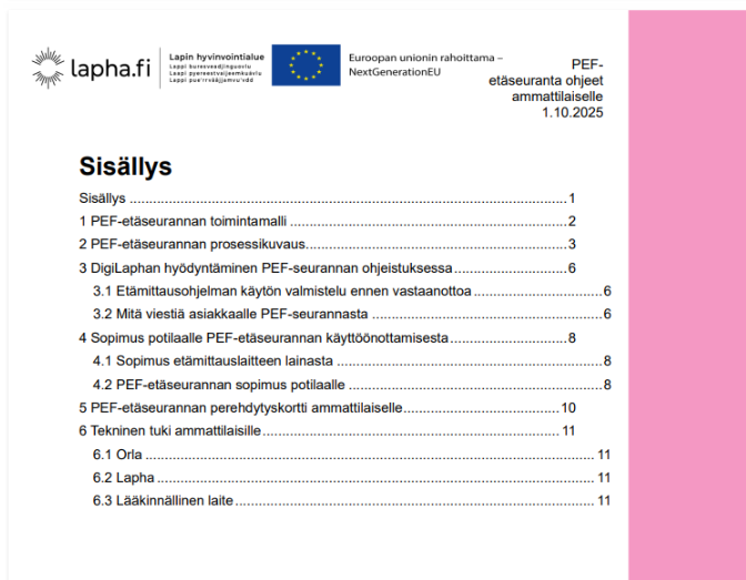 PEF-etäseurannan toimintamallin kuvauksen sisällysluettelo