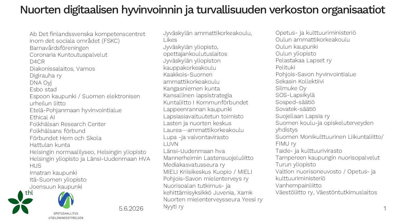 Nuorten digitaalisen hyvinvoinnin ja turvallisuuden verkoston organisaatiot
