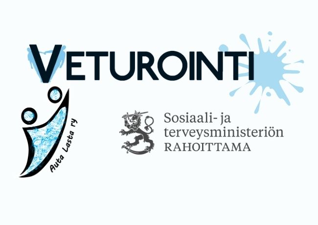 Kuvassa Veturointi-toiminnan tekstilogo, Auta Lasta ry:n logo ja Sosiaali- ja terveysministeriön rahoituslogo
