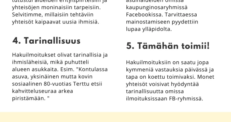 Vapaaehtoistehtävien mainostus Facebookin kaupunginosaryhmissä