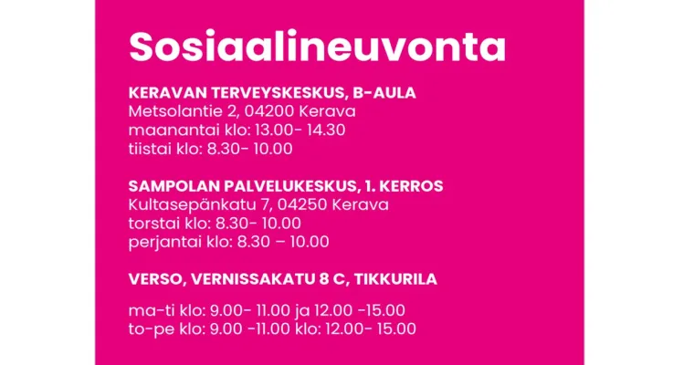 Sosiaalineuvonta - kattavaa palvelua palvelukeskuksissa ja terveysasemalla 