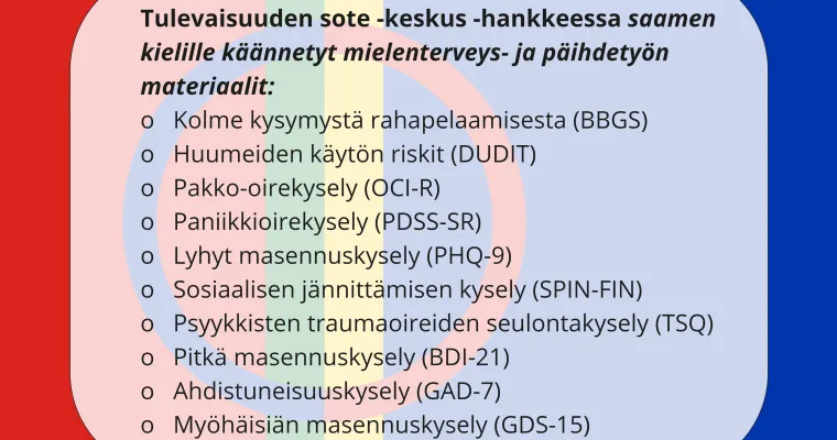 Saamenkieliset mielenterveys- ja päihdetyön lomakkeet.