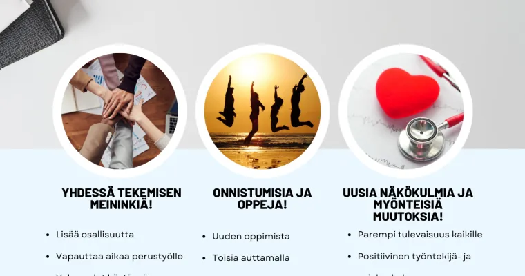 TULEVAISUUDEN IMUSSA : voimavarakeskeinen työyhteisövalmennus muutoskyvykkyyden edistäjänä, Kainuun hyvinvointialue (RRP, P4, I1)