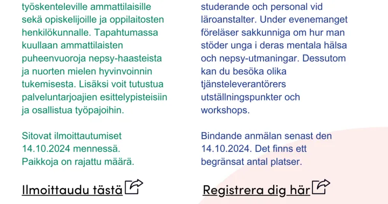 Nuorten mielen hyvinvointi 2024- koulutustapahtuma ammattilaisille, Pohjanmaan hyvinvointialue (RRP, P4, I1)