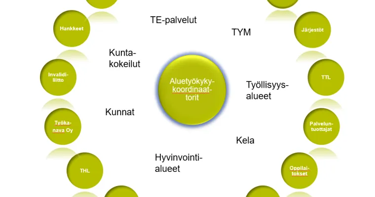 Aluetyökykykoordinaattoreiden (RRP) yhdyspintatyöskentelyn toiminnan kuvaus.