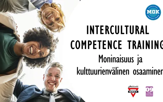 Kuvassa kolme hymyilevää henkilöä, MOK-logo, STEA:n ja Helsingin NMKY:n logo sekä teksti Intercultural Competence Training, Moninaisuus ja kulttuurienvälinen osaaminen