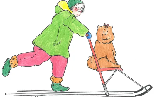 Henkilö menee potkukelkalla, koira on kyydissä. 