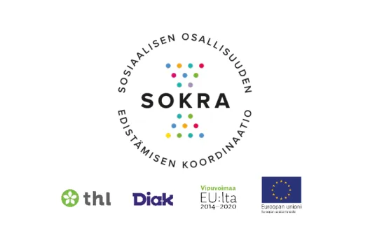 Sokra-koordinaatiohankkeen logo sekä Sokra hankkeen pääteoteuttaja THL:n logo, osahanke Diakin logo ja rahoittajan logo: vipuvoimaa EU:sta ja Euroopan sosiaalirahaston logo.