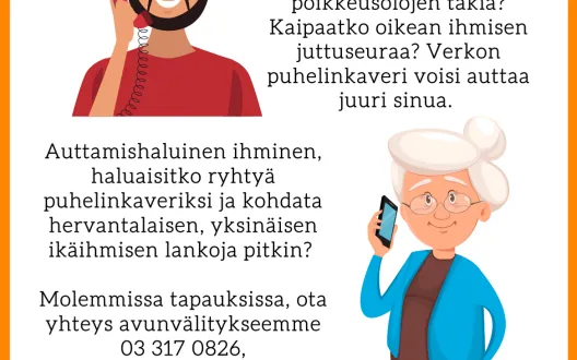 Ilmoitus, jossa haetaan puhelinkavereita yli 65-vuotiaille, yksinäisille hervantalaisille.