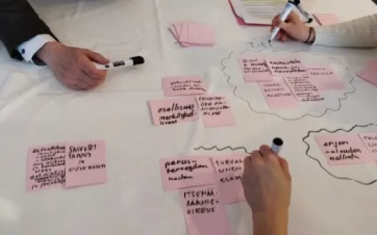 Järjestötreffien työpajassa kolme ihmistä kirjoittaa post-it -lapuille ja kokoaa lappuja ryhmiksi.
