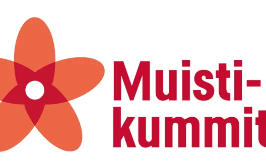 Muistikummit logo, viisilehtinen oranssin- ja punaisen värinen kukka.