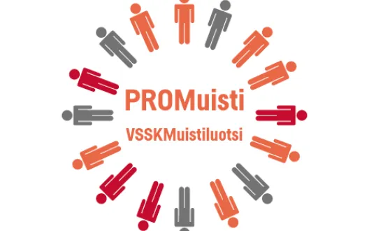 PROMuistiverkoston logo. Piirrettyjä ihmishahmoja seisoo ympyrässä. Ympyrän keskellä on verkoston nimi.