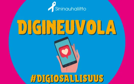 Kuvassa teksti  Digineuvola, piirrretty kuva: käsi pitelee älypuhelinta. Lisäksi Sininauhaliitto-logo ja teksti, sekä #digiosallisuus. 