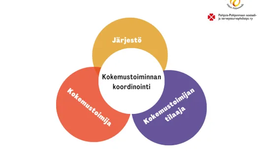 Kolmen pyöreän kuvion muodostama kokonaisuus, joissa tekstit: Järjestö, Kokemustoimija, Kokemustoimijan tilaaja. Keskellä on ympyrä Kokemustoiminnan koordinointi, joka yhdistää nämä kolme muuta ympyrää.