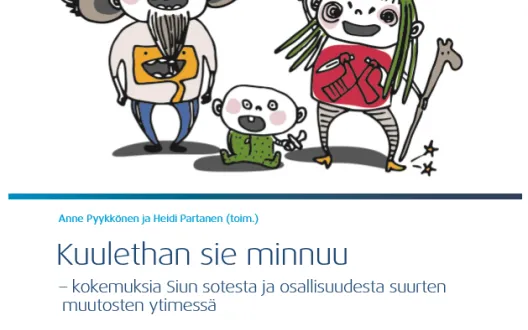 Kuulethan sie minnuu-oppaan kansikuva. Kuvassa mies, nainen ja vauva. Kuvittaja Susanna Prokkola.