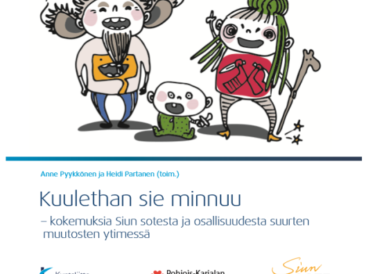 Kuulethan sie minnuu-oppaan kansikuva. Kuvassa mies, nainen ja vauva. Kuvittaja Susanna Prokkola.