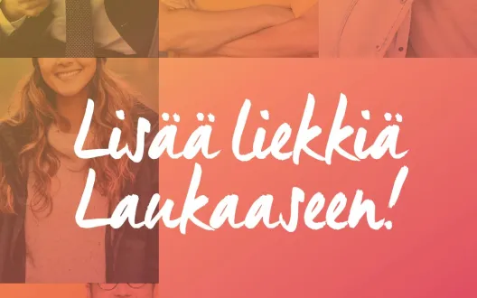 Rekrytointikampanjan värikäs tunnuskuva, jonka taustalla erilaisia henkilöitä.