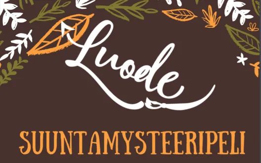 Suuntamysteeripelin kansikuva ruskealla taustalla ja värikkäillä köynnöksillä. Keskellä lukee Luode -hanke ja Suuntamysteeripeli.