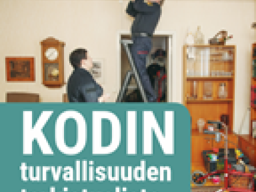 Kodin turvallisuuden tarkistuslistan kansikuva. Palovaroittimen asennus kattoon.
