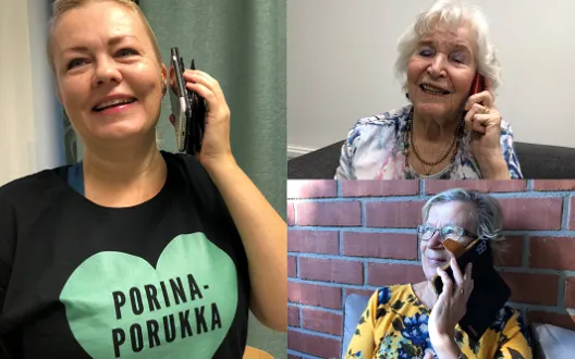 Kolme naista puhuu puhelimessa.