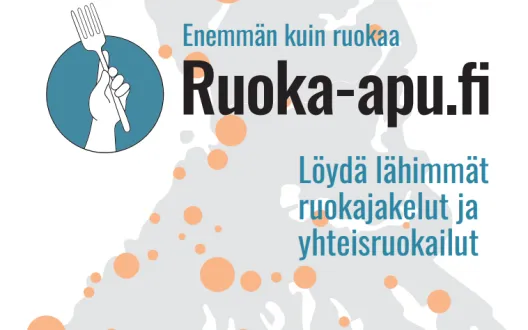 Verkkosivun mainoskuva. Ruoka-apu.fi - Löydä lähimmät ruokajakelut ja yhteisruokailut. Taustalla Suomen kartta.