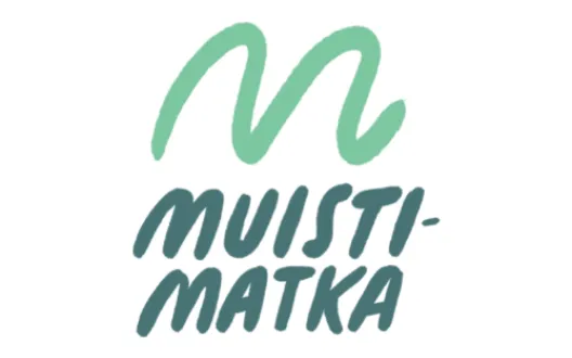 Muistimatkan logo, jossa vaaleanvihrea laineikas m-kirjain sekä sen alapuolella tumman vihreällä kirjoitettu muistimatka.