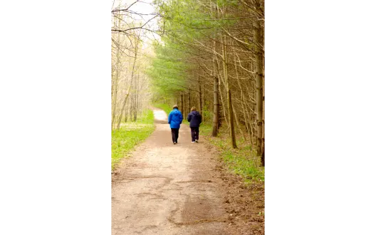 kaksi ihmistä kävelee metsässä