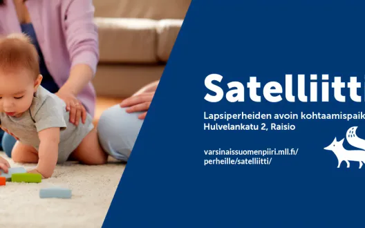 Vauva konttaa lattialla. Vieressä teksti: Satelliitti ja www-osoite