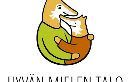 Hyvän mielen talo ry:n logo, jossa kaksi kettu-hahmoa halaavat toisiaan.