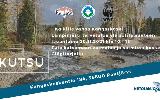 Kuvassa Kangaskosken purettu pato Hiitolanjoella. Juhlan järjestäjien logot (Rautjärven kunta, Etelä-Karjalan virkistysaluesäätiö, WWF ja Hiitolanjokiyhdistys). Kutsuteksti ja paikan osoitetiedot.