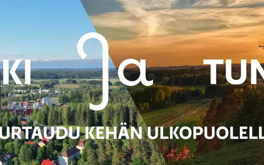 Järki ja tunteet -teksti maiseman päällä.
