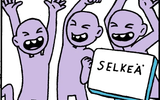 Kolme piirroshahmoa, jotka hurraavat käden ylhäällä. Heidän edessään on tietokoneen näyttö, jossa näytöllä lukee selkeä.  