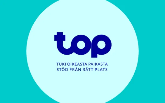 TOP-hankkeen logo turkoosilla ja vaaleansinisellä taustalla