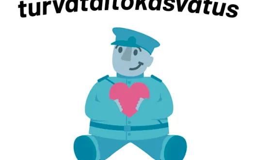 Logo, jossa Toripolliisi-patsas istuu sydän syliässä ja kuvan päällä lukee Oulun tunne- ja turvataitokasvatus ja alla www.turvataitokasvatus.fi