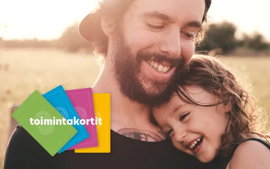 LUMO: kuvituskuva, naurava tyttö nojaa hymyilevän miehen olkapäätä vasten