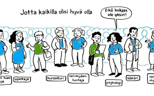Koululla työskenteleviä ammattilaisia rivissä.